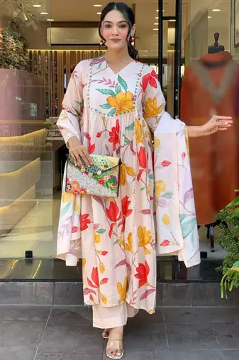 Cream cotton print with thread embroidery work kurta pant set