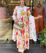 Cream cotton print with thread embroidery work kurta pant set