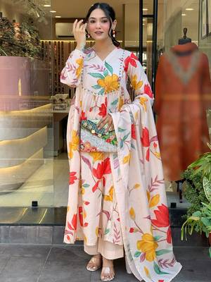 Cream cotton print with thread embroidery work kurta pant set 2