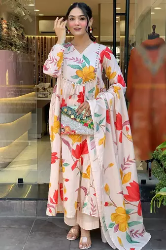 Cream cotton print with thread embroidery work kurta pant set