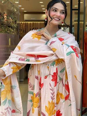 Cream cotton print with thread embroidery work kurta pant set 3