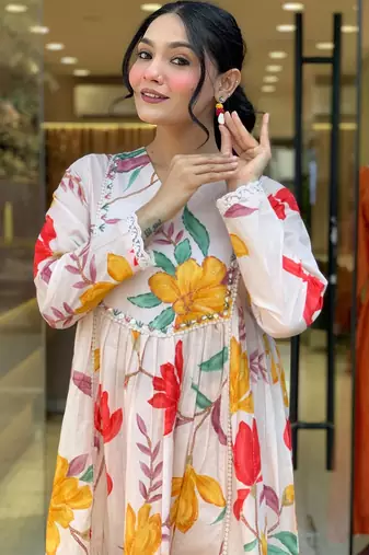 Cream cotton print with thread embroidery work kurta pant set