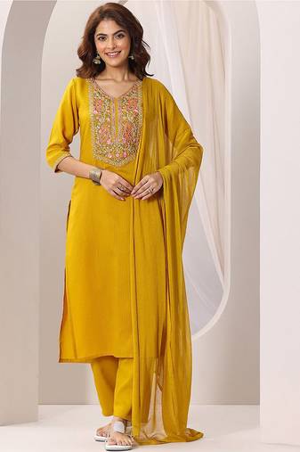 Mustard rayon heavy thread embroidery work kurta pant set