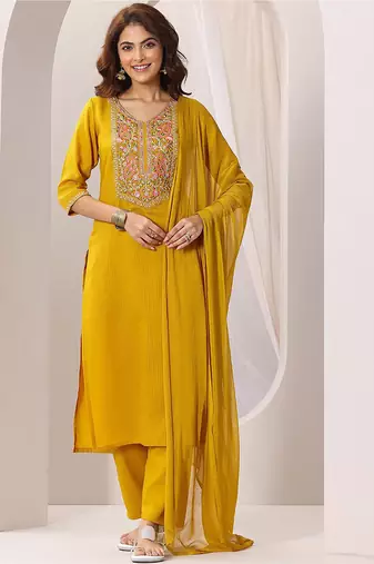 Mustard rayon heavy thread embroidery work kurta pant set