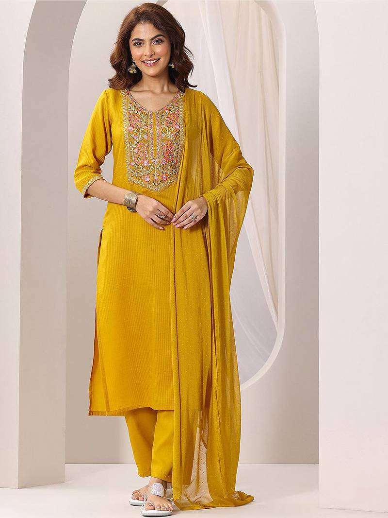 Mustard rayon heavy thread embroidery work kurta pant set