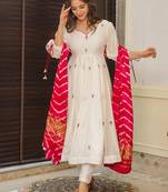 Off white chanderi heavy thread embroidery work with printed dupatta kurta pant set