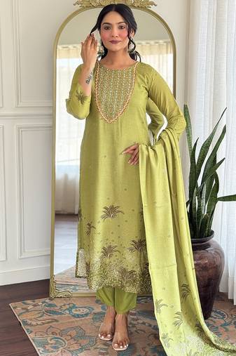 Pista green pure muslin heavy thread embroidery work with digital print kurta pant set