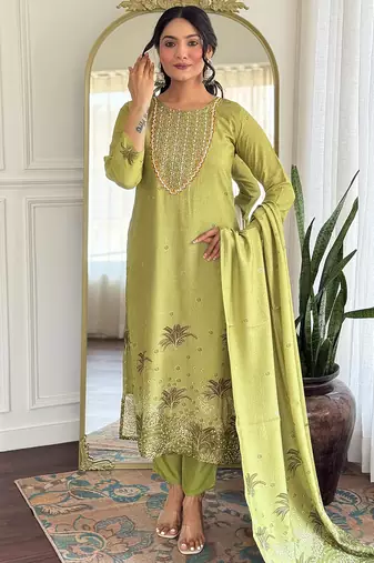 Pista green pure muslin heavy thread embroidery work with digital print kurta pant set
