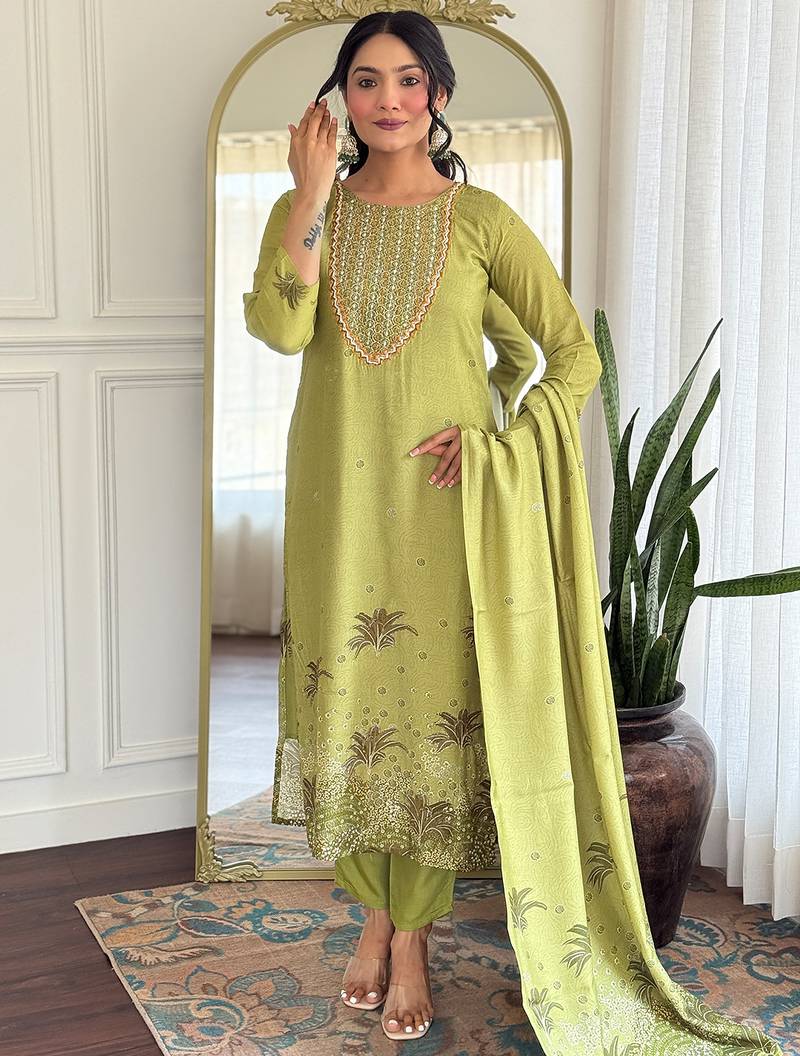 Pista green pure muslin heavy thread embroidery work with digital print kurta pant set