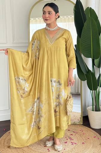 Yellow pure muslin heavy thread embroidery work with digital print kurta pant set