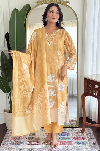 Mustard pure muslin heavy thread embroidery work with digital print kurta pant set