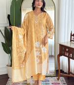 Mustard pure muslin heavy thread embroidery work with digital print kurta pant set