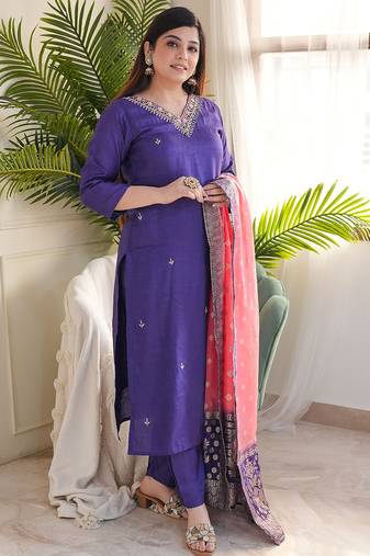 Purple viscose chanderi heavy thread embroidery work with jacquard dupatta kurta pant set