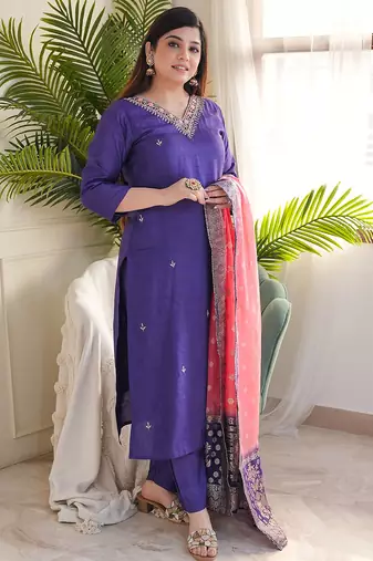 Purple viscose chanderi heavy thread embroidery work with jacquard dupatta kurta pant set