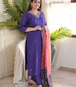 Purple viscose chanderi heavy thread embroidery work with jacquard dupatta kurta pant set