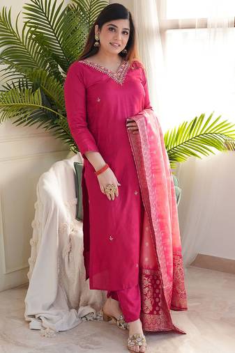 Rani pink viscose chanderi heavy thread embroidery work with jacquard dupatta kurta pant set