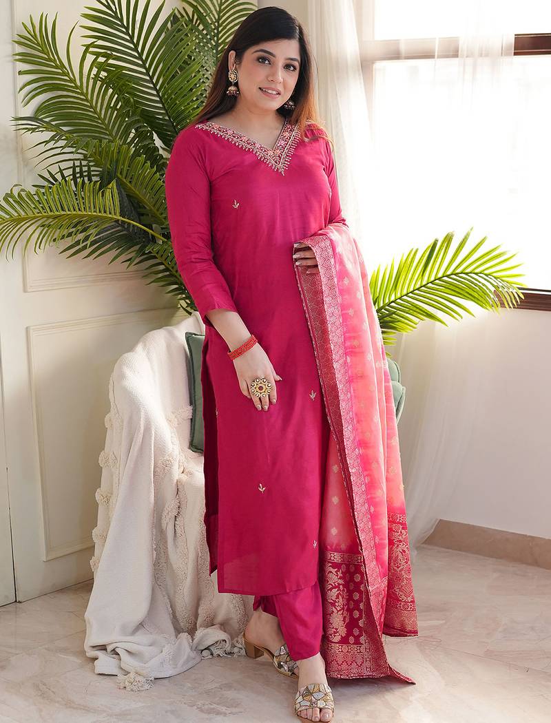 Rani pink viscose chanderi heavy thread embroidery work with jacquard dupatta kurta pant set