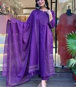 Purple p.v chanderi print with thread embroidery work kurta pant set