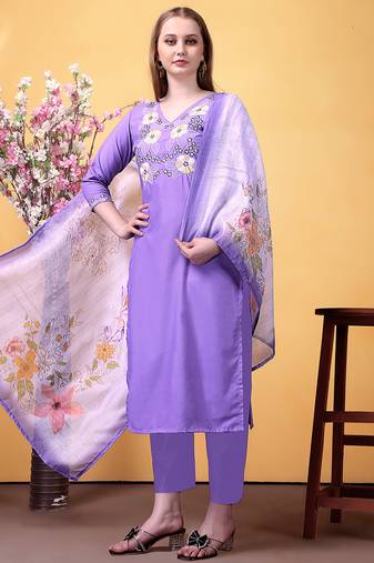 Lavender rayon heavy thread embroidery work with printed dupatta kurta pant set