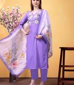 Lavender rayon heavy thread embroidery work with printed dupatta kurta pant set