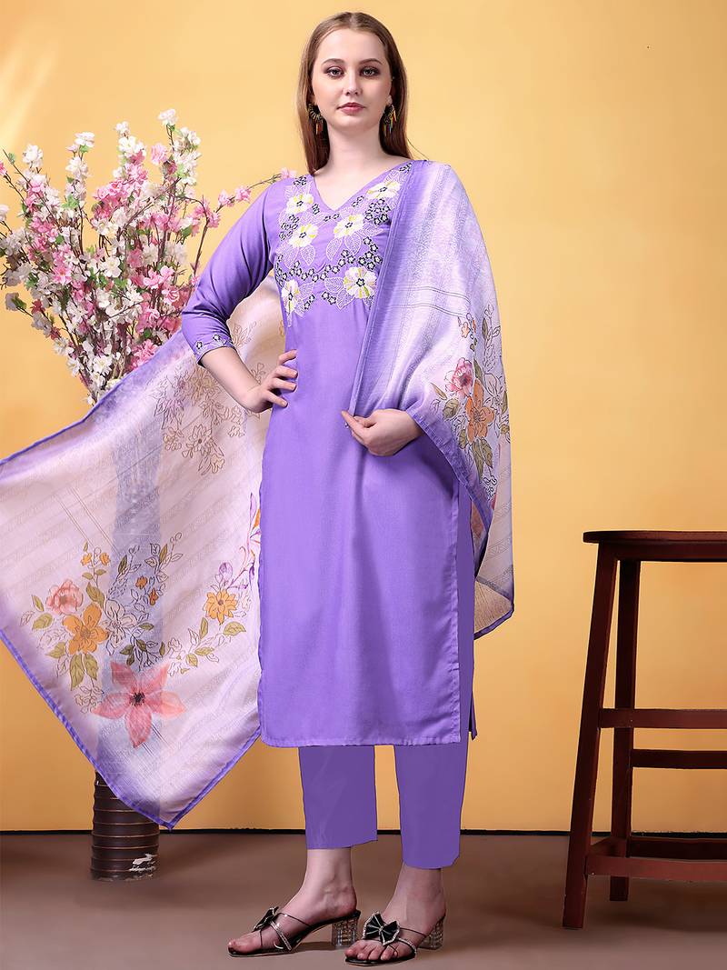 Lavender rayon heavy thread embroidery work with printed dupatta kurta pant set