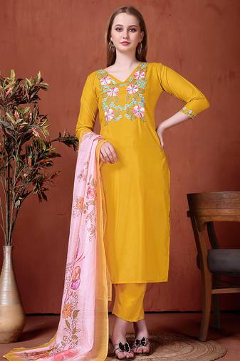 Yellow rayon heavy thread embroidery work with printed dupatta kurta pant set