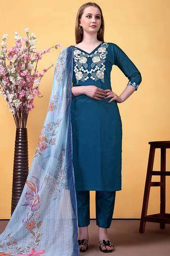 Blue rayon heavy thread embroidery work with printed dupatta kurta pant set