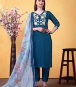 Blue rayon heavy thread embroidery work with printed dupatta kurta pant set