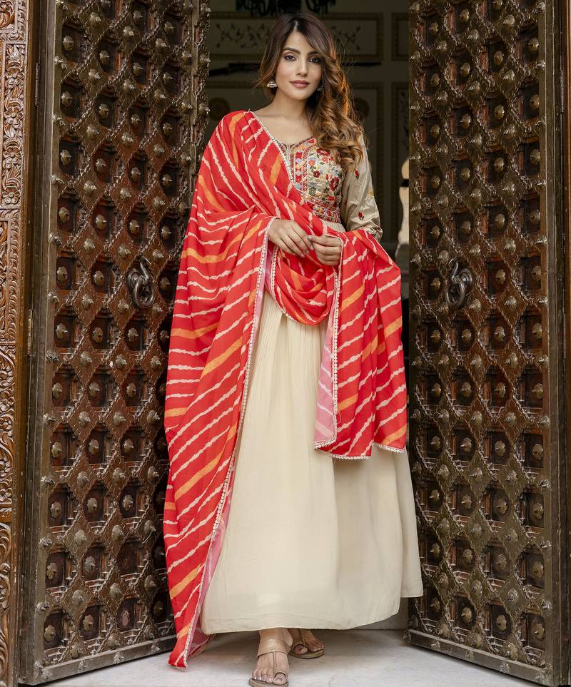 Georgette Embroidery Alia Cut Anarkali Kurta Pant with Dupatta Set