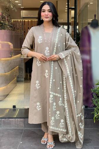 Beige cotton heavy thread embroidery work kurta pant set