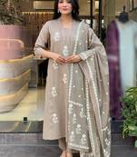 Beige cotton heavy thread embroidery work kurta pant set