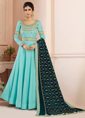 SKY BLUE TUSSAR SILK SEMI STITCHED WEDDING ANARKALI SUIT 1