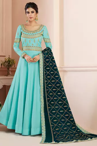 SKY BLUE TUSSAR SILK SEMI STITCHED WEDDING ANARKALI SUIT