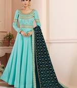 SKY BLUE TUSSAR SILK SEMI STITCHED WEDDING ANARKALI SUIT