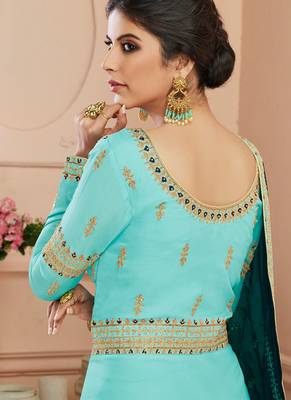 SKY BLUE TUSSAR SILK SEMI STITCHED WEDDING ANARKALI SUIT 2