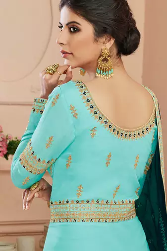 SKY BLUE TUSSAR SILK SEMI STITCHED WEDDING ANARKALI SUIT