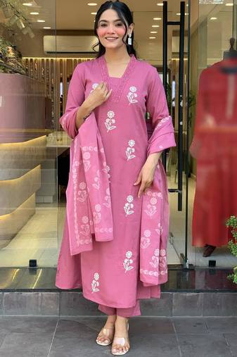Pink cotton heavy thread embroidery work kurta pant set