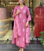 Pink cotton heavy thread embroidery work kurta pant set