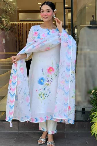 White pure linen printed kurta pant set
