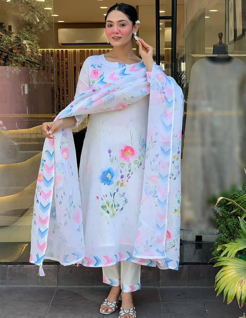 White pure linen printed kurta pant set