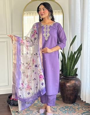 Lavender rayon heavy thread embroidery work with printed dupatta kurta pant set 1