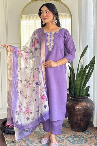 Lavender rayon heavy thread embroidery work with printed dupatta kurta pant set