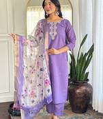 Lavender rayon heavy thread embroidery work with printed dupatta kurta pant set