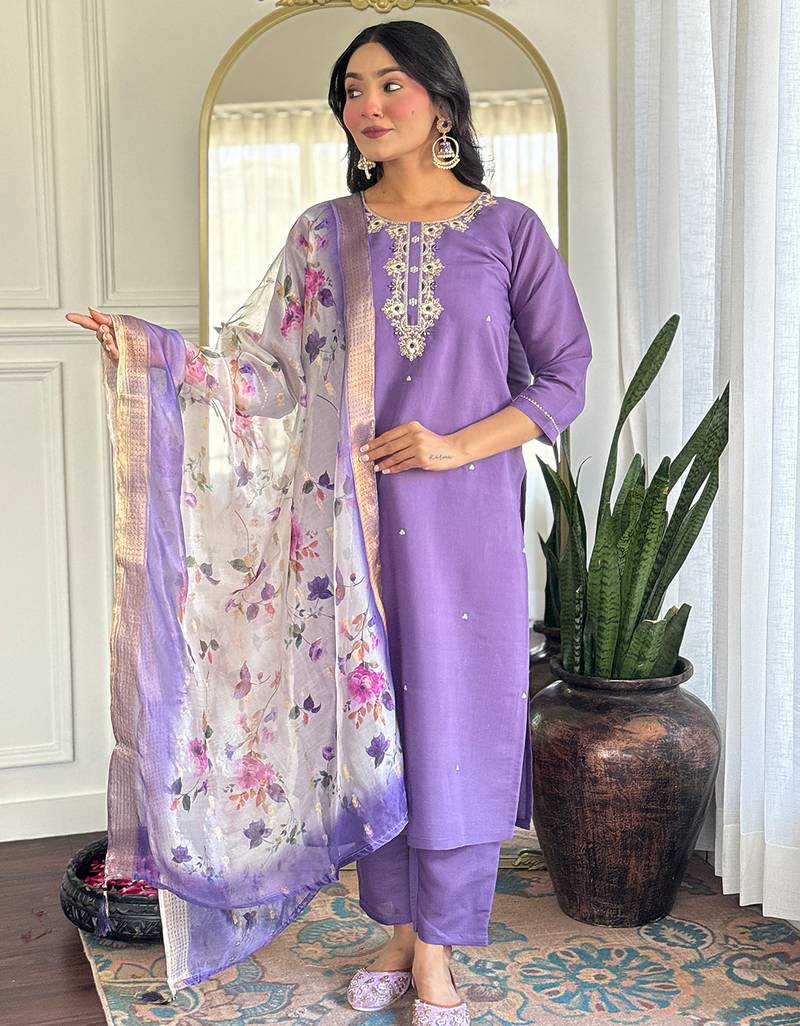Lavender rayon heavy thread embroidery work with printed dupatta kurta pant set