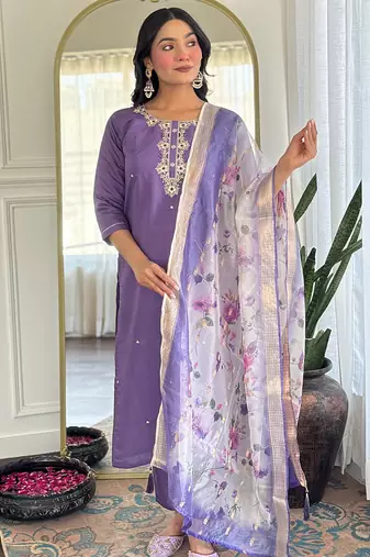 Lavender rayon heavy thread embroidery work with printed dupatta kurta pant set