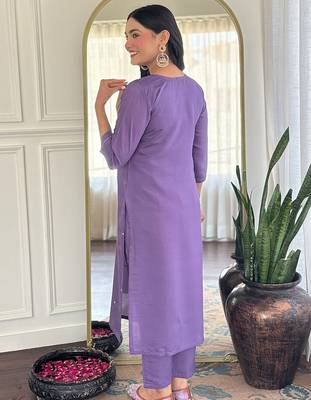 Lavender rayon heavy thread embroidery work with printed dupatta kurta pant set 3
