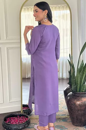 Lavender rayon heavy thread embroidery work with printed dupatta kurta pant set