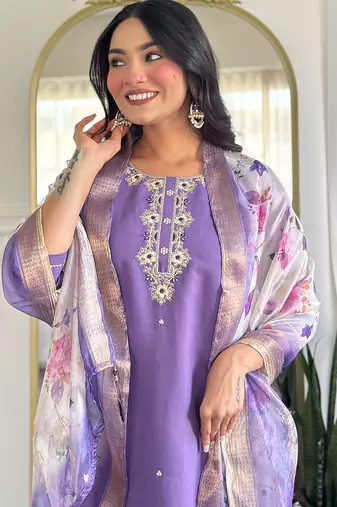 Lavender rayon heavy thread embroidery work with printed dupatta kurta pant set