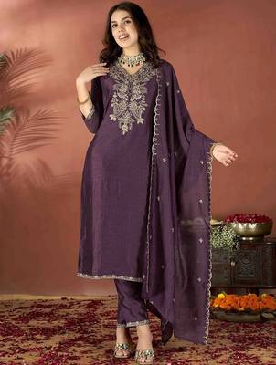 Wine vichitra heavy thread embroidery work kurta pant set 1