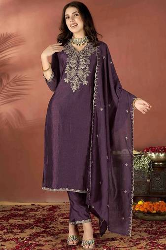 Wine vichitra heavy thread embroidery work kurta pant set
